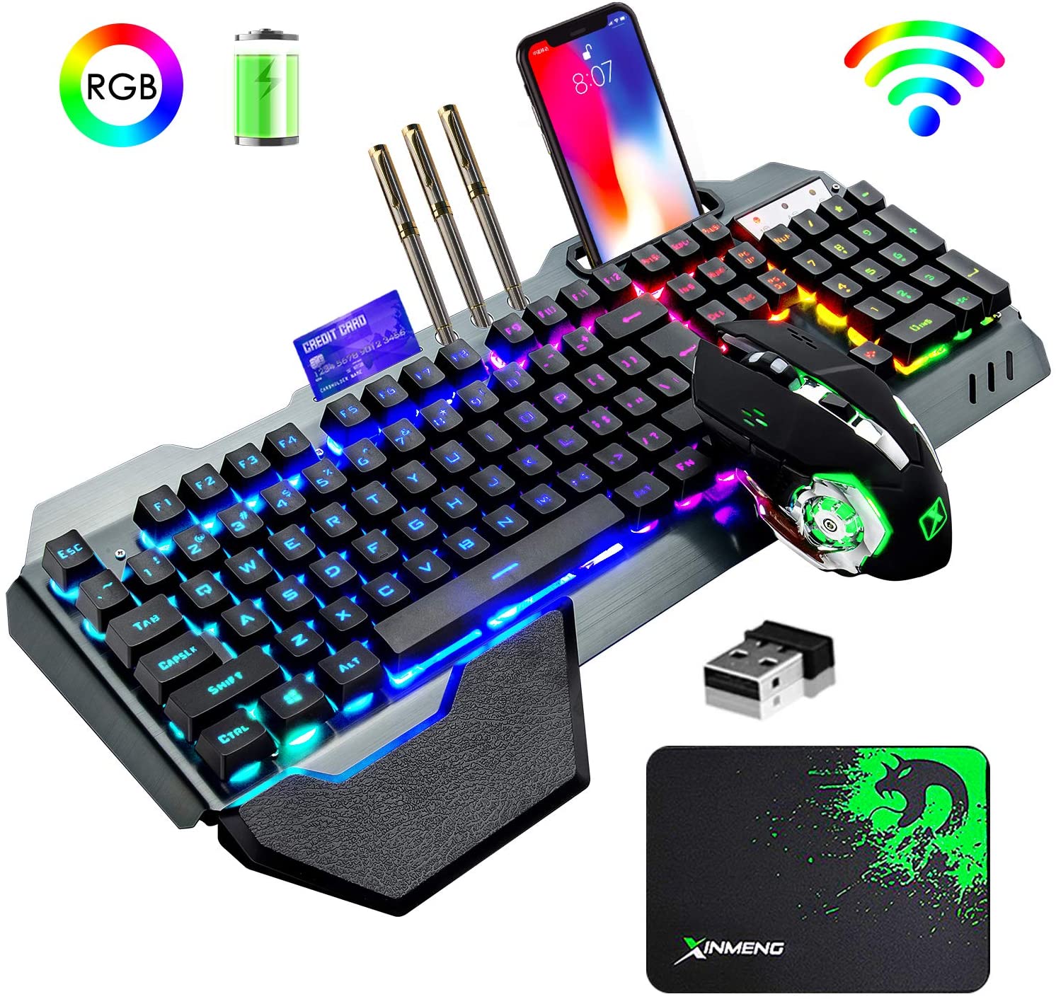 Gaming Keyboard Bluetooth - K680ワイヤレスゲーミングキーボードとマウスの組み合わせ、レインボーLEDバックライト付きキーボード、充電式3800mAhバッテリー、金属パネル