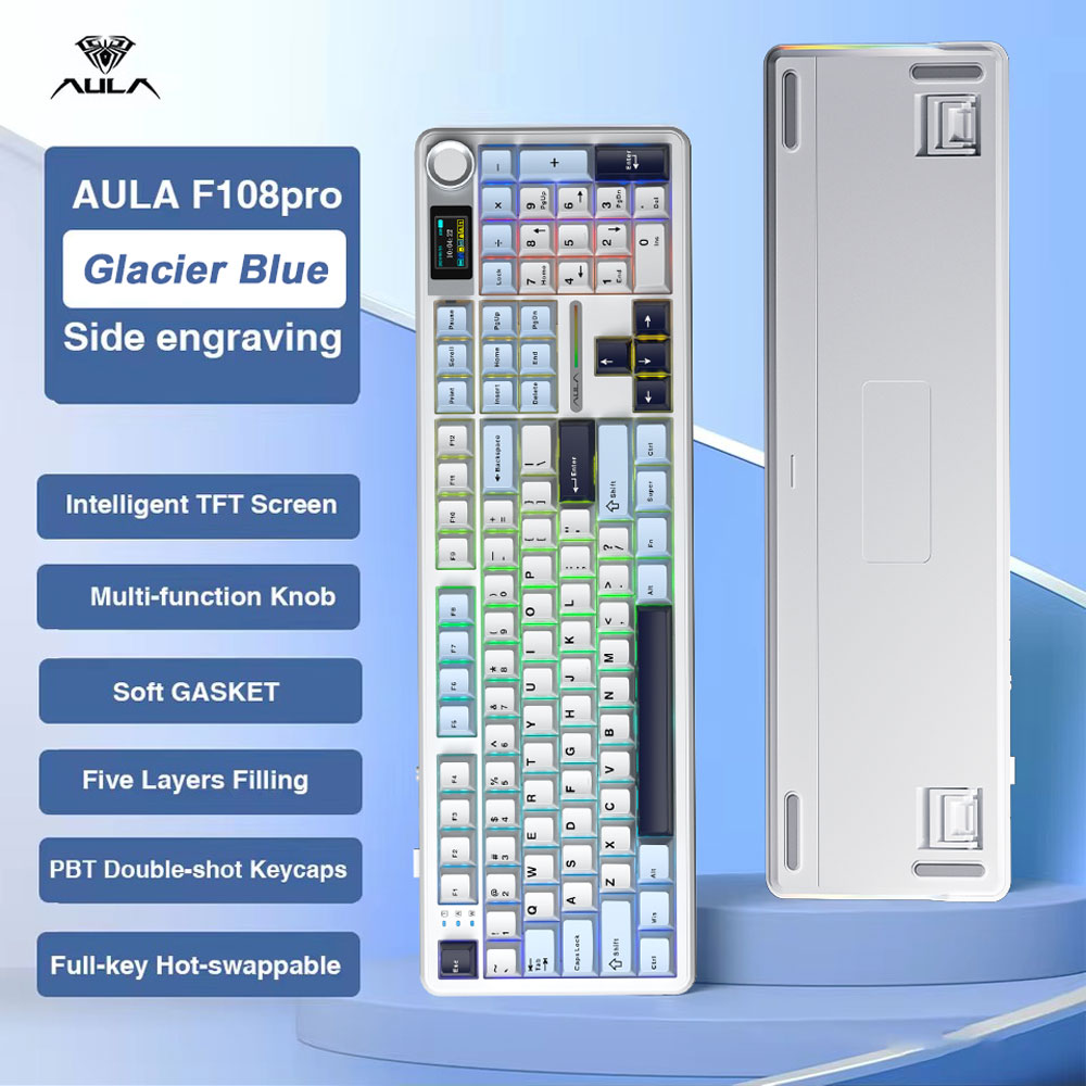 Gaming Keyboard Bluetooth - AULA F108 Pro ゲーミングメカニカルキーボード トライモード カスタムマルチノブスクリーン