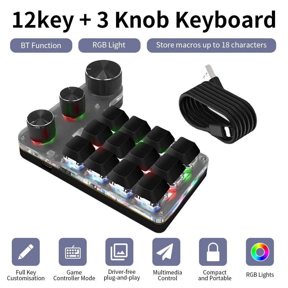 Gaming Keyboard Mini Mechanical - Bluetoothプログラミングマクロカスタムキーボード、rgbキーボード、12キーコピーペースト、ゲームキーパッド、機械式ホットスワッシングパッド、3ノブ