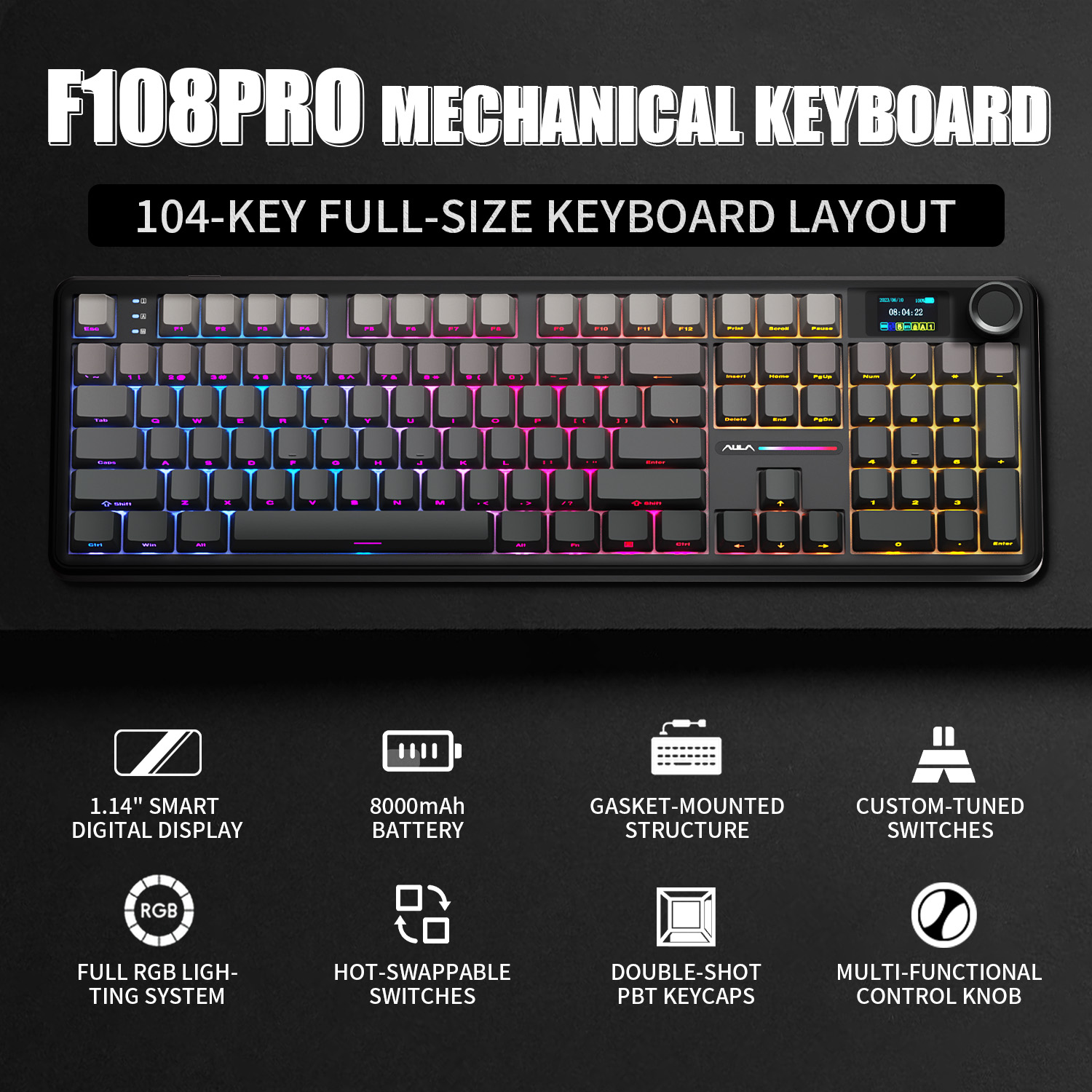 Gaming Keyboard Bluetooth - AULA F108 PRO メカニカルキーボード カスタム100%レイアウト RGBバックライト